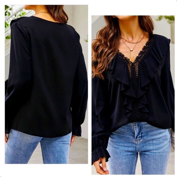 NWT! FLOUNCE SLEEVE RUFFLE TRIM GUIPURE LACE BLOUSE IN BLACK! - Picture 4 of 10